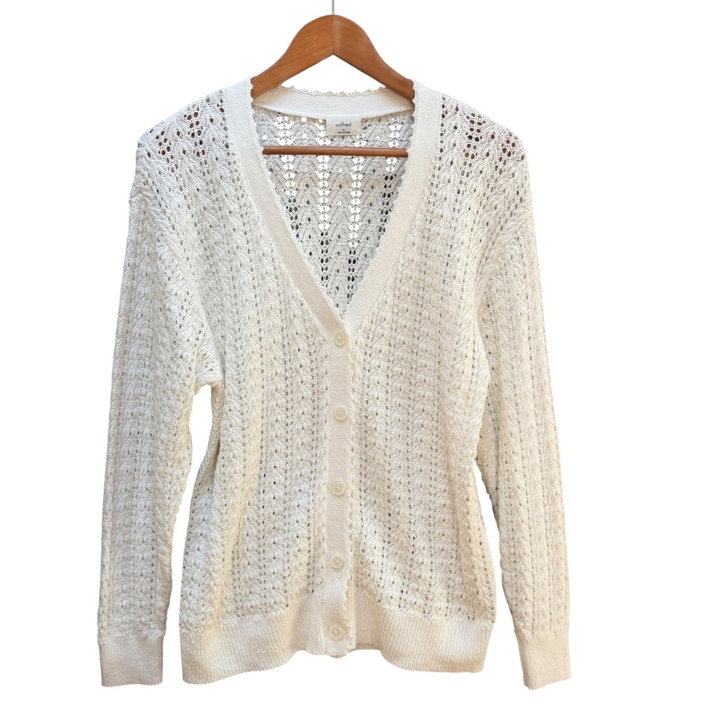 Wilfred Aritzia Cardigan Women M White Pointelle Knit V-Neck Sweater Boho